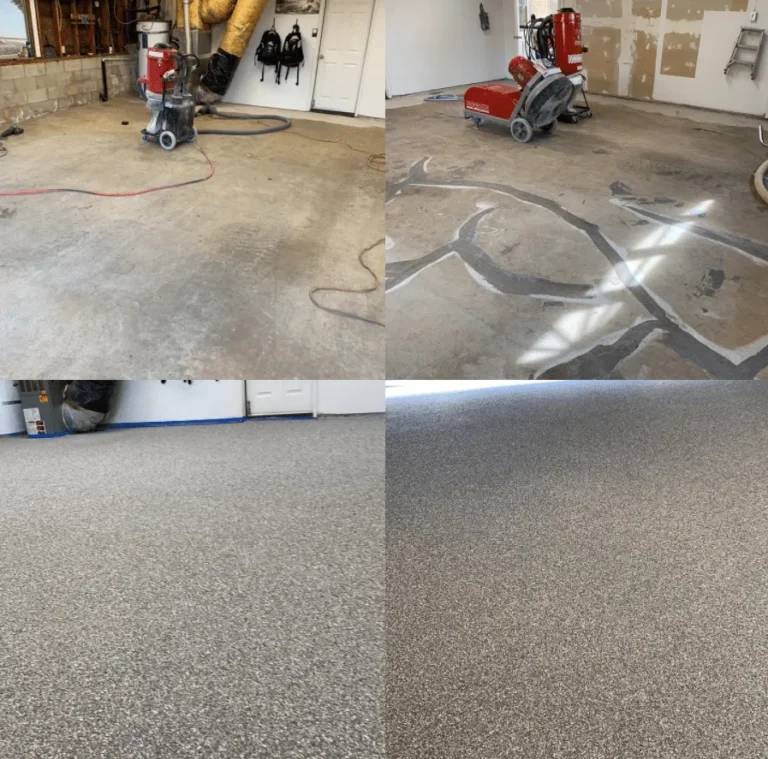 Collage of a concrete floor during grinding and polishing