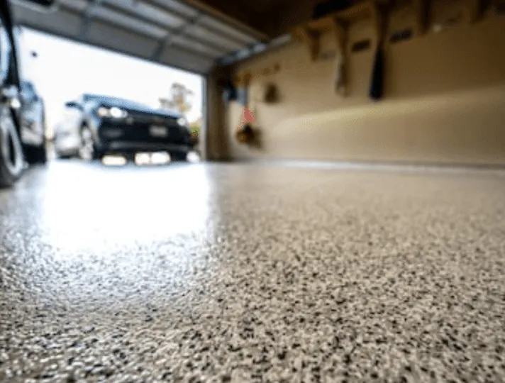 Flake-finish garage floor with parked cars