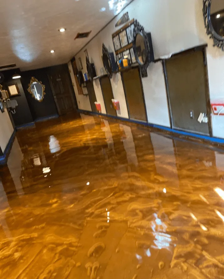 Gold metallic epoxy floor with a high-gloss finish in a hallway