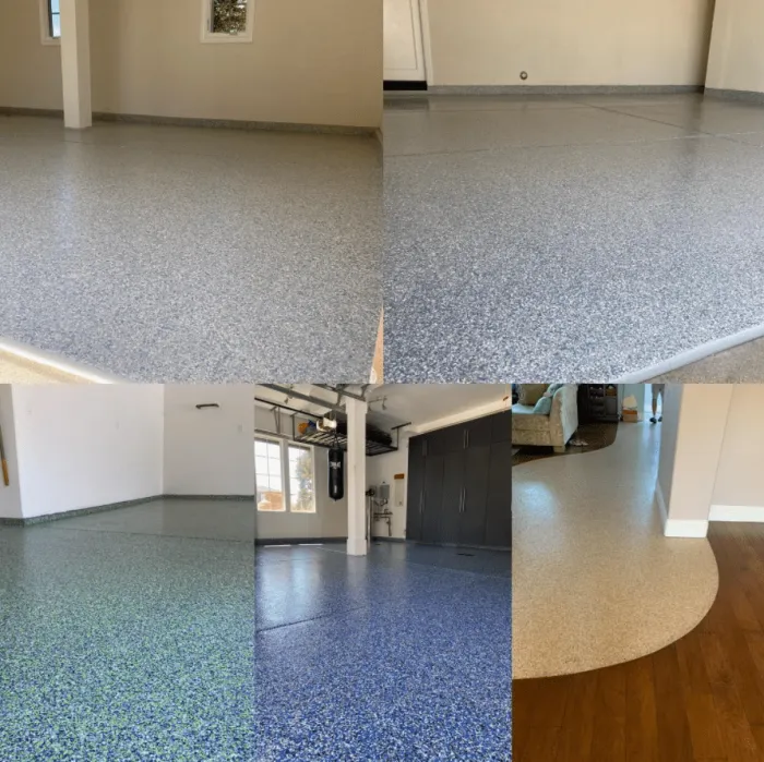 Flake-finish floor coating in an interior room